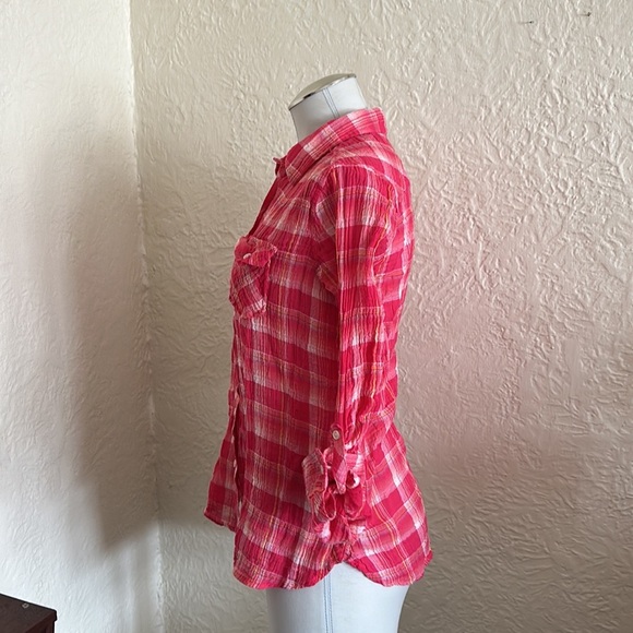 C&C California Pink Plaid Lightweight Woven Crinkle Button Up Shirt Small - Picture 3 of 9